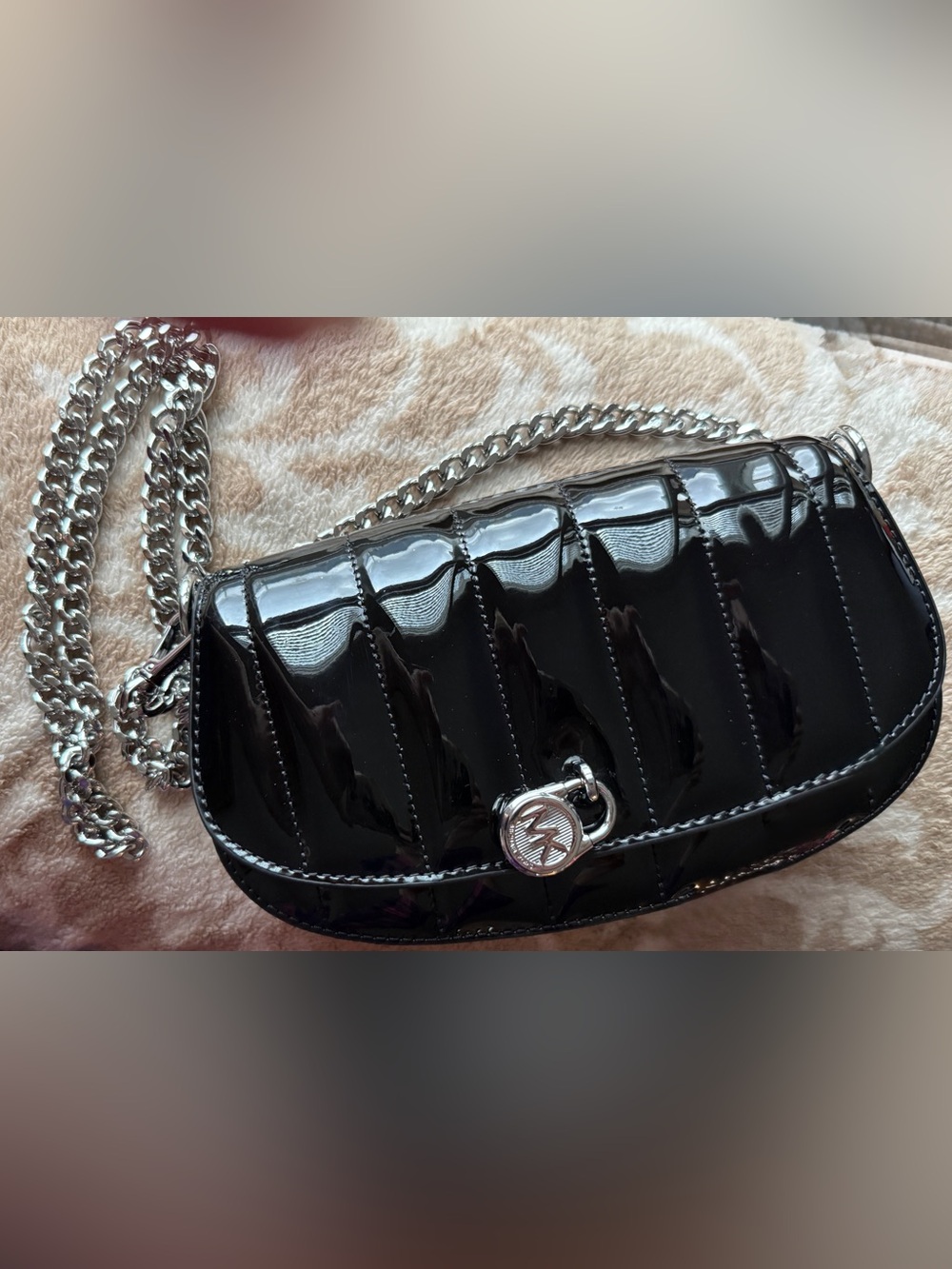 Michael Kors Black Patent Quilted Crossbody with Silver Chain NWOT